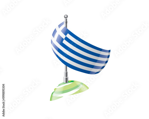 Highly detailed of waving Greek flag with metallic pole and subtle shadow effects for print