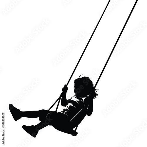 Silhouette of a young girl swinging high on a white background