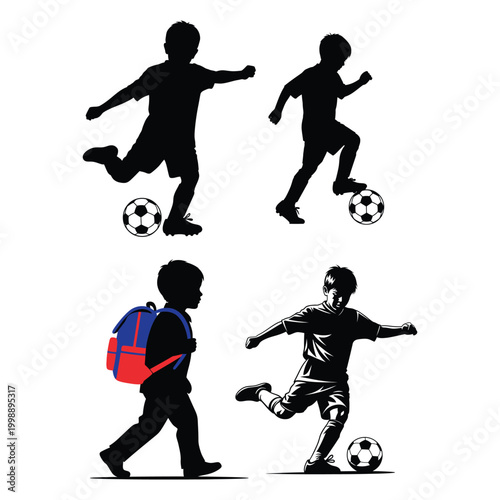 Silhouette of children playing soccer in urban park at dusk with backpack