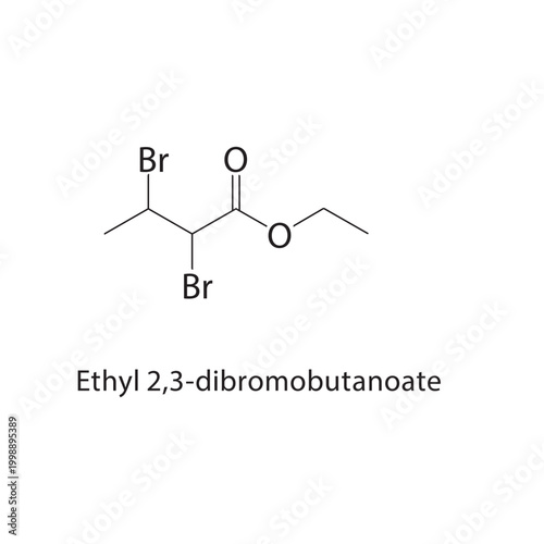 Ethyl 2,3-dibromobutanoate skeletal structure. halogenated ester compound schematic illustration. Simple diagram, chemical formula.