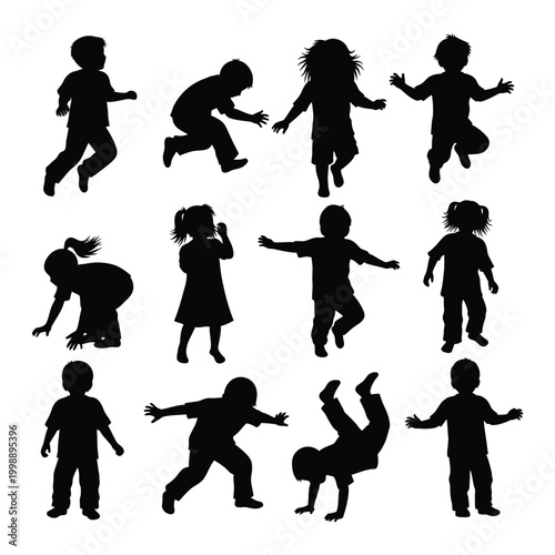 Silhouette of Diverse Children Playing and Dancing in Various Dynamic Poses