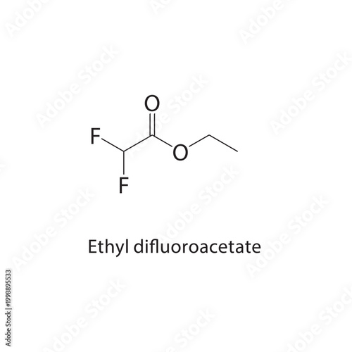 Ethyl difluoroacetate skeletal structure. halogenated ester compound schematic illustration. Simple diagram, chemical formula.