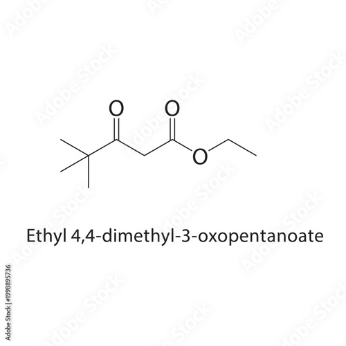 Ethyl 4,4-dimethyl-3-oxopentanoate skeletal structure. keto ester compound schematic illustration. Simple diagram, chemical formula.