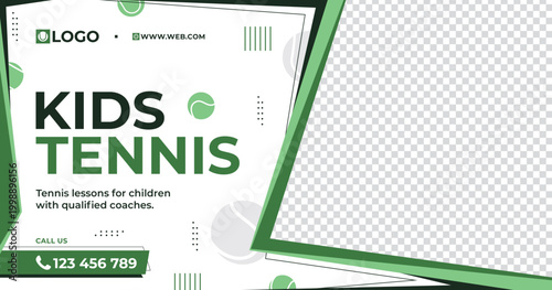 Kids tennis academy promotional social media banner design with a young player celebrating a match win