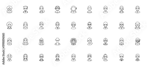 Occupation and People icon set. Minimalist vector illustrations. Includes clown, student, astronaut, robot, judge, soldier, racer, geisha, farmer and more. Editable stroke.