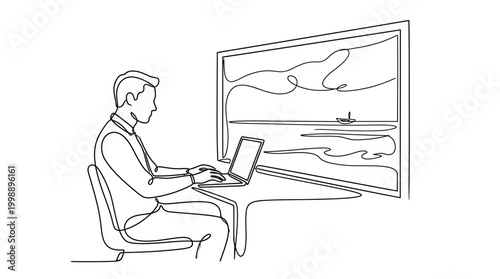 Continuous one line drawing of a man working on a laptop computer.