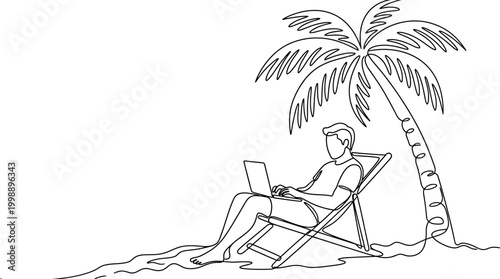 Continuous line drawing of a man working on a laptop under a palm tree.
