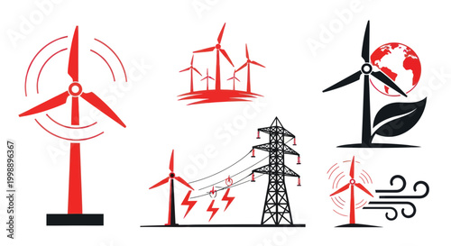 Wind Turbine Energy Icons: Wind Power Generation and Renewable Energy Concepts