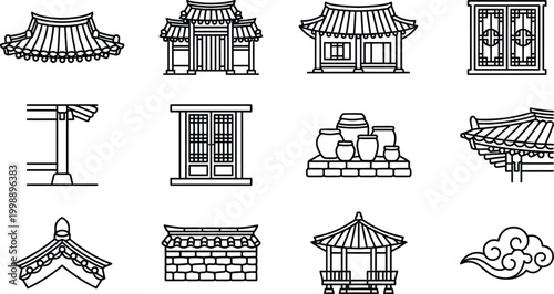 Korean traditional architectural elements decorative symbols line art icons.