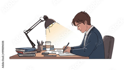 High Quality Black Line Color Illustration of Person Working Late with Desk Lamp Persistence Dedication Night Work Concept Isolated 