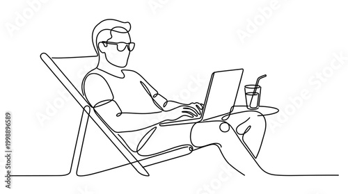 Continuous line drawing of a man working on a laptop while sitting in a deck chair.