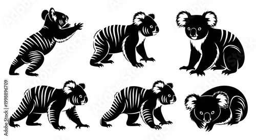 Koala bear silhouettes in various poses ? minimalist vector illustration