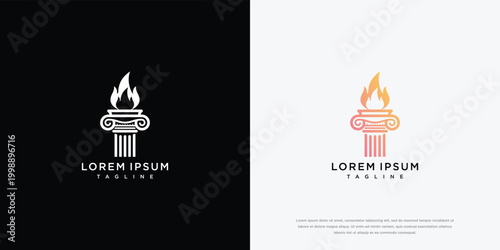 Classical Column with Flame Logo on Black and White Backgrounds