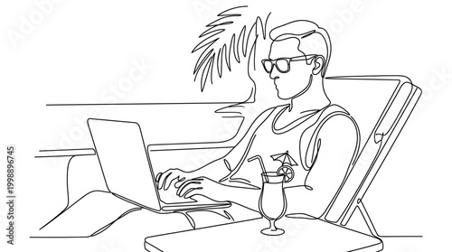 Continuous line drawing of a man working on a laptop while relaxing on a beach chair.