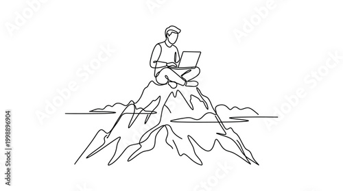 Continuous line drawing of a man sitting on top of a mountain using a laptop.