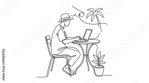 Continuous line drawing of a man working on a laptop at a cafe.