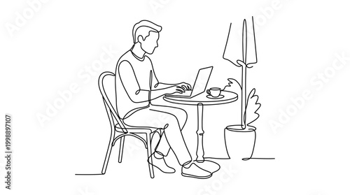 Continuous line drawing of a young man working on a laptop at a cafe table.