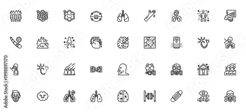 Air pollution icon set. Vector symbols for lung, mask, brain, factory, danger, health hazard, air purifier and more. Editable stroke line icons.