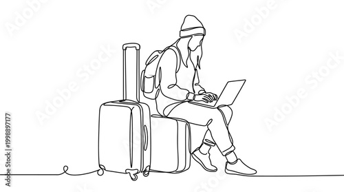 Continuous line drawing of a woman working on a laptop at the airport.