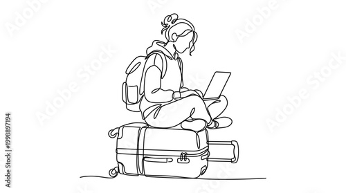 Continuous line drawing of a woman working on a laptop while sitting on her luggage.