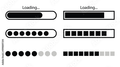 Progress bar web UI element collection, simple flat monochromatic shapes including download, buffering, wait, speed, and status.