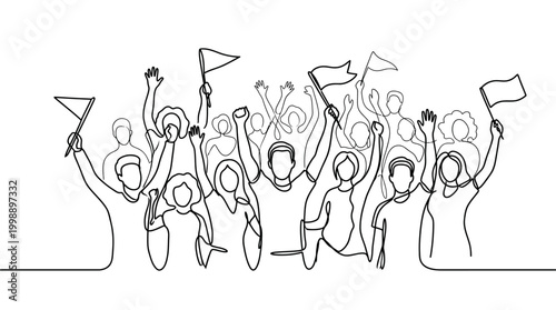 Continuous line drawing of a cheering crowd with flags.