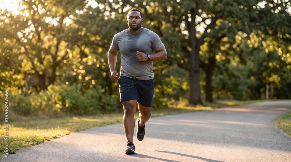 Obraz premium An athletic african american man jogs with determination on a paved park path during golden hour, captured in a full-body shot.