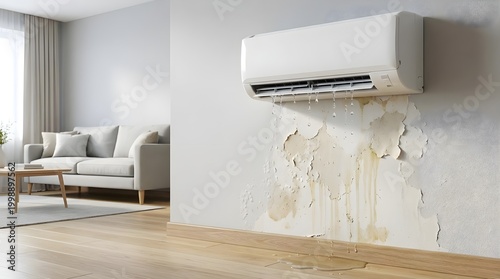 Broken air conditioner leaking water on the wall at home