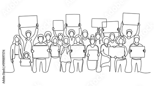 Continuous line drawing of a diverse group of people protesting with blank signs.
