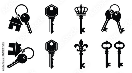 Security key icon collection in solid black style, featuring house access, vintage locks, ornate metal, and entry.