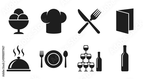 Restaurant dining industry icon collection in a minimalist black style, featuring ice cream, chef hat, cutlery, menu, and catering.