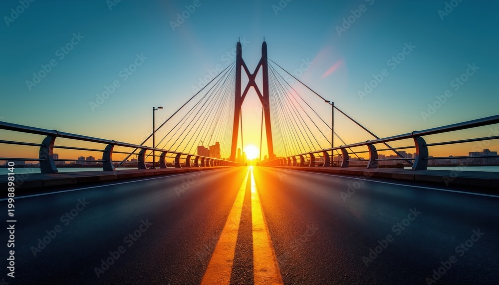 Obraz premium Cable-stayed bridge over water with city skyline at sunset. The sun sets behind tall buildings visible across the bay. Road leads toward horizon.