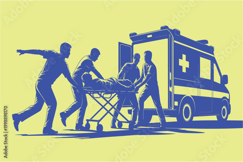Emergency medical team loading a patient on a stretcher into an ambulance