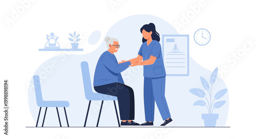 Nurse helping elderly woman sit down in a clinic waiting room