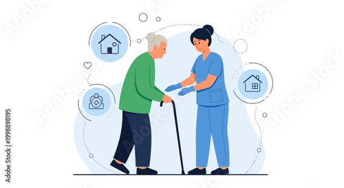Nurse helps elderly woman with cane, home care concept, senior support, medical assistance