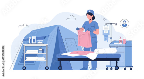 Nurse in Tent Hospital Setting Up Bed, Medical Aid and Humanitarian Assistance