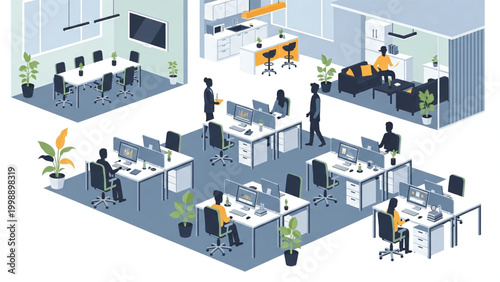 Modern office space with employees working at desks and meeting in conference room.