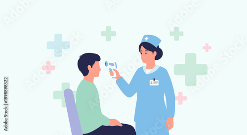 Nurse measures patient's temperature with infrared thermometer, healthcare concept, medical check-up