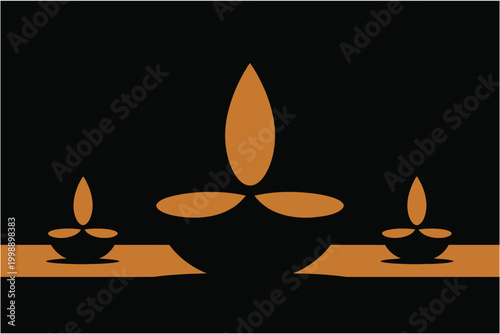 Minimalist illustration of three glowing oil lamps or diyas against a dark background, representing the festival of diwali