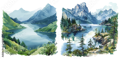 high altitude lake view watercolor vector illustration