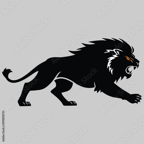 A black lion with an open mouth and orange eyes on a gray background