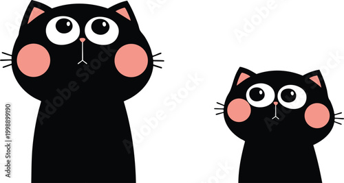 Two cute black cartoon cats with big eyes and pink cheeks simple flat vector illustration for childrens books and pet-related designs isolated on white