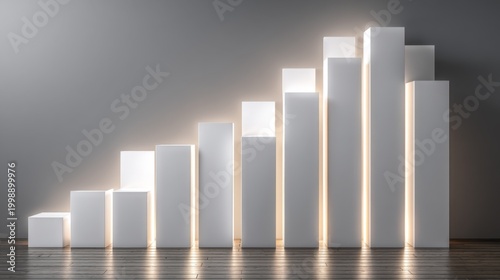 Minimalist white blocks arranged in a progressive staircase pattern with ambient lighting, representing growth, achievement, and success in modern design.