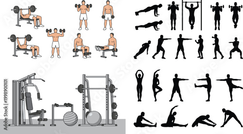 Fitness workout illustration set with gym exercises strength training silhouettes yoga poses and equipment collection