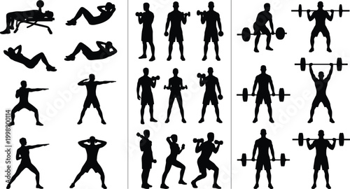 Fitness workout silhouette set with bodyweight exercises dumbbell training barbell lifts and strength training routines