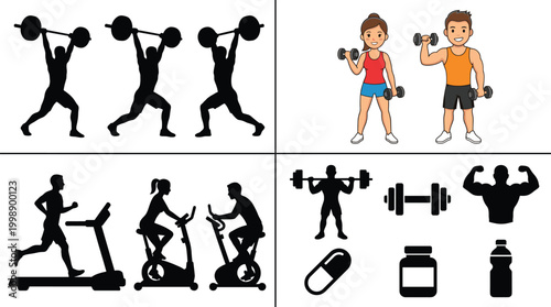 Fitness workout illustration set with weightlifting silhouettes cardio exercises dumbbell training and gym activity icons collection