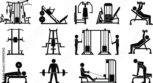 Gym equipment and workout silhouette set featuring machines barbell exercises and strength training illustrations collection
