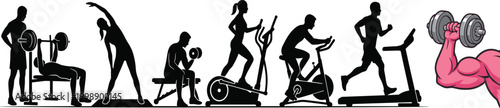 Fitness workout silhouettes set with cardio training strength exercises gym equipment and active lifestyle illustration