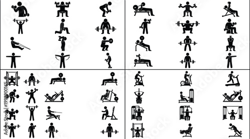 Gym Exercise Icon Set with Strength Training Cardio Workout Equipment and Fitness Silhouette Collection
