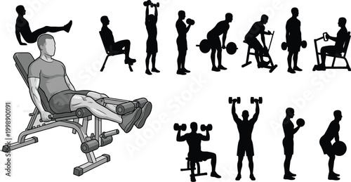 Gym fitness exercise silhouette set with leg extension machine dumbbell training and strength workout collection